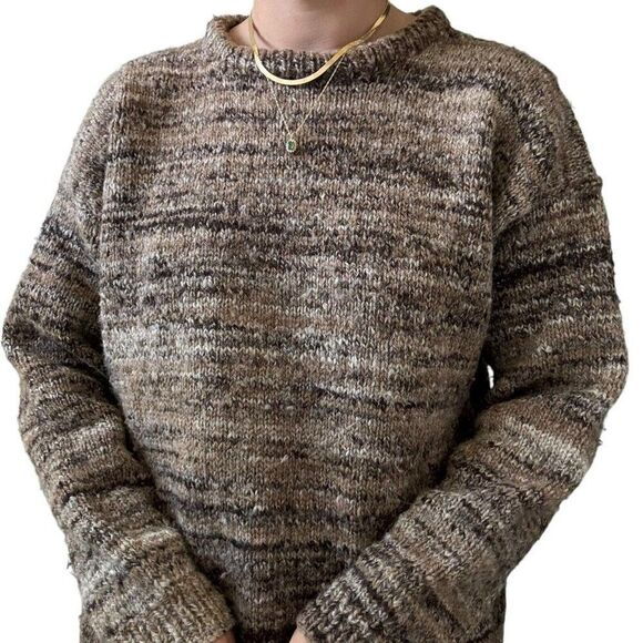 Vintage Hand Knit Brown 100% Wool Chunky Oversized Cozy Fall Sweater XL - Picture 3 of 6